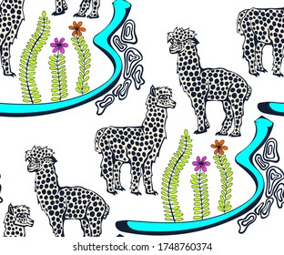 Vector background hand drawn exotic wild llama alpaca. Hand drawn ink illustration. Modern ornamental decorative background. Vector pattern. Print for textile, cloth, wallpaper, scrapbooking