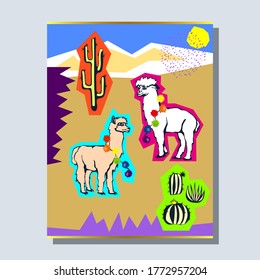 Vector background hand drawn exotic wild alpaca. Card template. Hand drawn ink illustration. Modern ornamental decorative background.