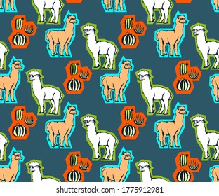 Vector background hand drawn exotic wild llama alpaca. Hand drawn ink illustration. Modern ornamental decorative background. Vector pattern. Print for textile, cloth, wallpaper, scrapbooking
