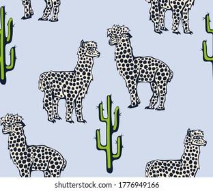 Vector background hand drawn exotic wild llama alpaca. Hand drawn ink illustration. Modern ornamental decorative background. Vector pattern. Print for textile, cloth, wallpaper, scrapbooking