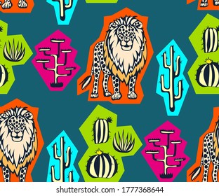 Vector background hand drawn exotic wild cats. Hand drawn ink illustration. Modern ornamental decorative background. 