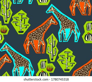 Vektorhintergrund handgezeichnet exotische Wildgiraffen. Handgezeichnete Tintengrafik. Moderner dekorativer Hintergrund. Vektormuster. Druck für Textilien, Gewebe, Tapeten, Scrapbooking