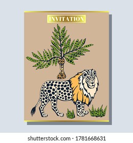 Vector background hand drawn exotic wild cat lion. Card template. Hand drawn ink illustration. Modern ornamental decorative background.