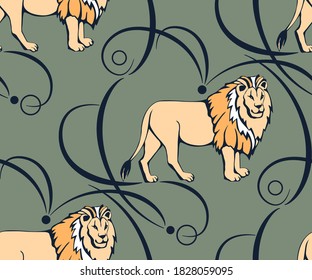 Vector background hand drawn exotic wild cat lion. Hand drawn ink illustration. Print for textile, cloth, wallpaper, scrapbooking