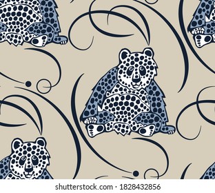 Vektorhintergrund handgezeichnet exotische Wildtiere Panda. Handgezeichnete Tintengrafik. Druck für Textilien, Gewebe, Tapeten, Scrapbooking
