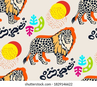 Vector background hand drawn exotic wild cat lion. Hand drawn ink illustration. Print for textile, cloth, wallpaper, scrapbooking