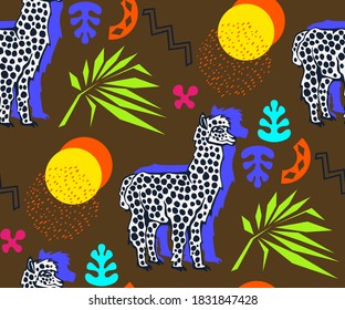 Vector background hand drawn exotic wild llama alpaca. Hand drawn ink illustration. Vector pattern. Print for textile, cloth, wallpaper, scrapbooking