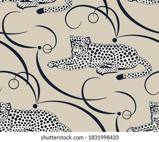 Vector background hand drawn exotic wild animals cats. Hand drawn ink illustration. Print for textile, cloth, wallpaper, scrapbooking