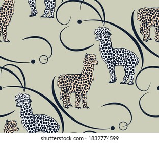 Vector background hand drawn exotic wild llama alpaca. Hand drawn ink illustration. Vector pattern. Print for textile, cloth, wallpaper, scrapbooking