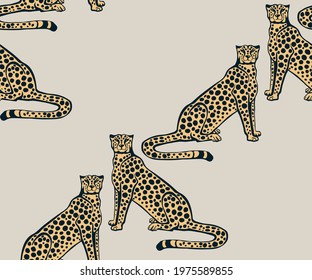 Vector background hand drawn exotic wild cat cheetah. Hand drawn ink illustration. Modern ornamental decorative background. Print for textile, cloth, wallpaper, scrapbooking