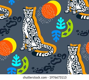 Vector background hand drawn exotic wild cat cheetah. Hand drawn ink illustration. Modern ornamental decorative background. Print for textile, cloth, wallpaper, scrapbooking
