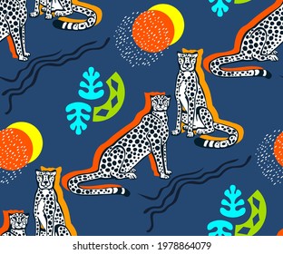 Vector background hand drawn exotic wild cat cheetah. Hand drawn ink illustration. Modern ornamental decorative background. Print for textile, cloth, wallpaper, scrapbooking