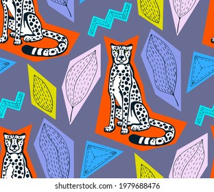 Vector background hand drawn exotic wild cat cheetah. Hand drawn ink illustration. Modern ornamental decorative background. Print for textile, cloth, wallpaper, scrapbooking