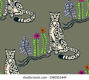 Vektorhintergrund, handgezeichnet exotische Wildkatzen-Gepard. Handgezeichnete Tintengrafik. Moderner dekorativer Hintergrund. Druck für Textilien, Tuch, Tapete, Scrapbooking