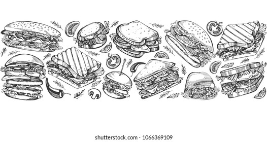 Vector background with hand drawn fast food elements