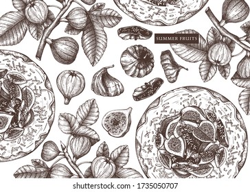 Vector background with hand drawn fig fruits. Vintage banner with  fig branches, fresh and dries fruits, baking cakes. Retro template with summer food elements. For menu or recipe book.