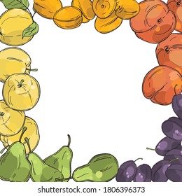  Fondo vectorial con frutos dibujados a mano. Melocotones, albaricoques, manzanas, peras y ciruelas. Dibujar ilustración.Dibujar ilustración.