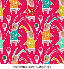 Vector background with hand drawn funny rabbit. Doodle colorful pattern.