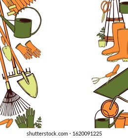 Vector background with hand drawn garden tools. Sketch  illustration.