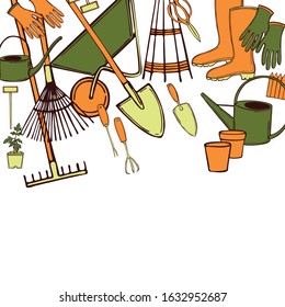 Vector background with hand drawn garden tools. Sketch  illustration.