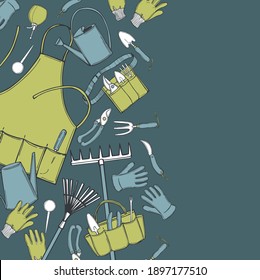 Vector background with hand drawn garden tools. Sketch  illustration.