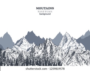 Vector background with hand drawn graphic mountain ranges and pine forest. Nature landscape. Black and white outdoor camping illustration.