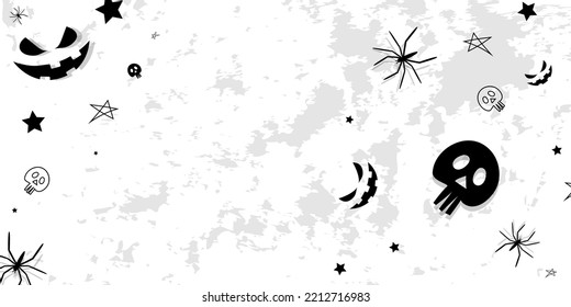 Vector. Background with hand drawn Halloween elements: cobweb, spider, skull, stars, anthropomorphic face, on a dirty wall. Halloween party invitation card mockup, copy space for text. Abandoned room.