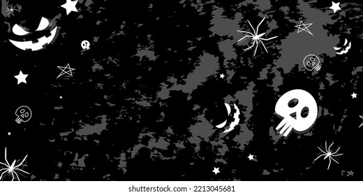 Vector. Background with hand drawn Halloween elements: cobweb, spider, skull, stars, anthropomorphic face, on a dirty wall. Halloween party invitation card mockup, copy space for text. Abandoned room.