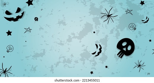 Vector. Background with hand drawn Halloween elements: cobweb, spider, skull, stars, anthropomorphic face, on a dirty wall. Halloween party invitation card mockup, copy space for text. Abandoned room.