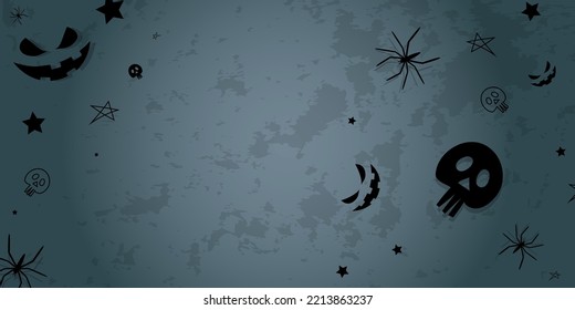 Vector. Background with hand drawn Halloween elements: cobweb, spider, skull, stars, anthropomorphic face, on a dirty wall. Halloween party invitation card mockup, copy space for text. Abandoned room.