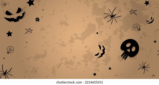 Vector  Background and hand drawn Halloween elements: cobweb  spider  skull  stars  anthropomorphic face  dirty wall  Halloween party invitation card mockup  copy space for text  Abandoned room 