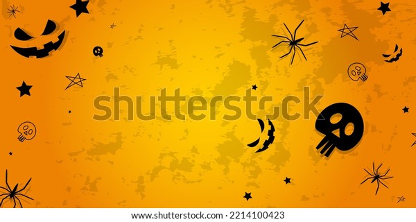 Vector. Background with hand drawn Halloween\
elements: cobweb, spider, skull, stars, anthropomorphic face, on a\
dirty wall. Halloween party invitation card mockup, copy space for\
text. Abandoned room.