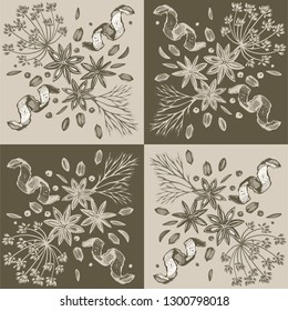 Vector background with hand drawn herbs and spices. Hand drawn ink illustration. Organic and fresh spices illustration
