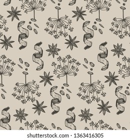 Vector background with hand drawn herbs and spices. Hand drawn ink illustration. Organic and fresh spices illustration