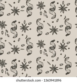 Vector background with hand drawn herbs and spices. Hand drawn ink illustration. Organic and fresh spices illustration