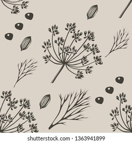 Vector background with hand drawn herbs and spices. Hand drawn ink illustration. Organic and fresh spices illustration