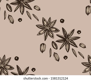 Vector background with hand drawn herbs and spices. Hand drawn ink illustration. Organic and fresh spices illustration