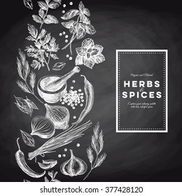 Vector background with hand drawn herbs and spices. Organic and fresh spices illustration. Chalkboard. Border.Repeating background.