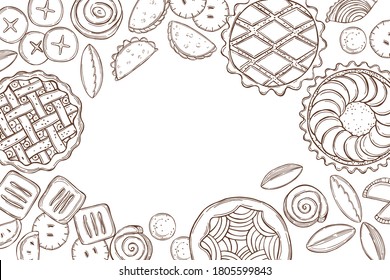 Vector background with hand drawn homemade pies. Sketch  illustration.