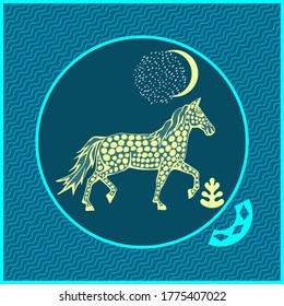 Vector background hand drawn horse. Hand drawn ink illustration. Modern ornamental decorative background. Square print for textile, cloth, scrapbooking