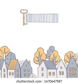 Fondo vectorial con casas dibujadas a mano. 