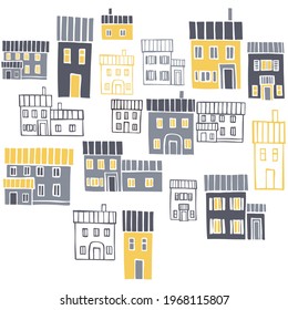 Vector background with hand drawn houses. Sketch  illustration.