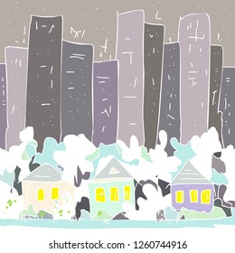 Vector background hand drawn illustration like a child's drawing. Winter city landscape country houses and trees in white snow against the gray stone jungle and gloomy sky for card, print, cover page,