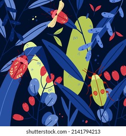 Vector background with hand drawn insects illustrations. cicada, beetle against the background of red berries and plants. 