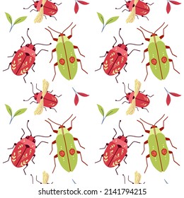 Vector background with hand drawn insects illustrations. red and green beetles on a white background. Entomological seamless pattern.