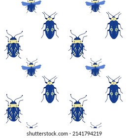 Vector background with hand drawn insects illustrations. blue beetles on a white background. Entomological seamless pattern.