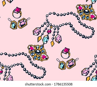 Vector background hand drawn jewellery. Hand drawn ink illustration. Modern ornamental decorative background. Vector pattern. Print for textile, cloth, wallpaper, scrapbooking