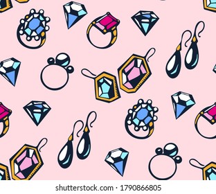 Vector background hand drawn jewellery. Hand drawn ink illustration. Modern ornamental decorative background. Vector pattern. Print for textile, cloth, wallpaper, scrapbooking