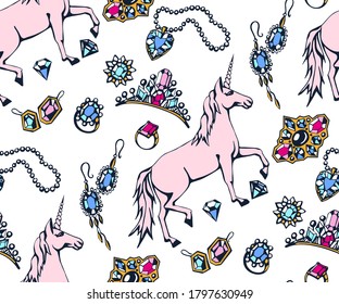 Vector background hand drawn jewellery and unicorn. Hand drawn ink illustration. Modern ornamental decorative background. Vector pattern. Print for textile, cloth, wallpaper, scrapbooking
