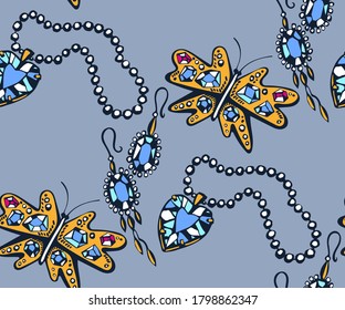 Vector background hand drawn jewellery. Hand drawn ink illustration. Modern ornamental decorative background. Vector pattern. Print for textile, cloth, wallpaper, scrapbooking